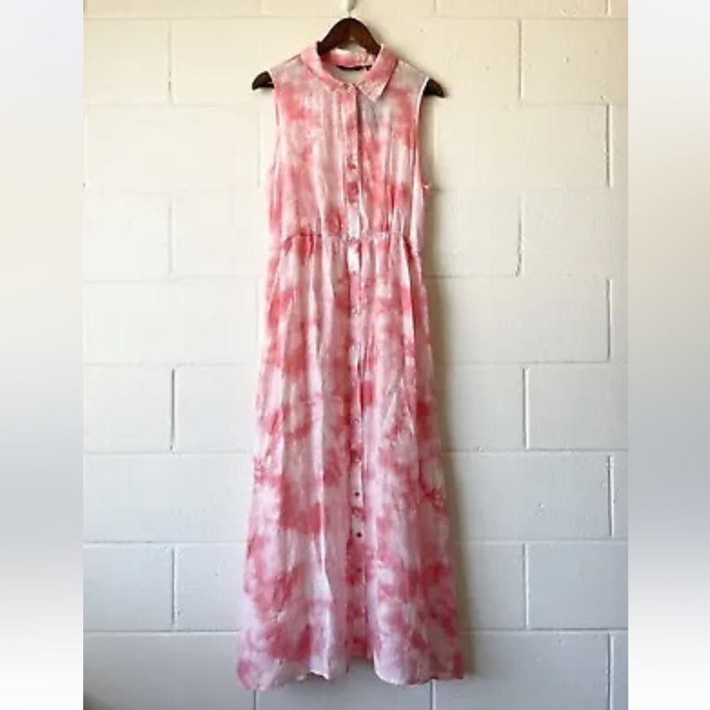 Mlle Gabrielle Pink Tie Dye Button Down Collared Sleeveless Maxi Dress XL